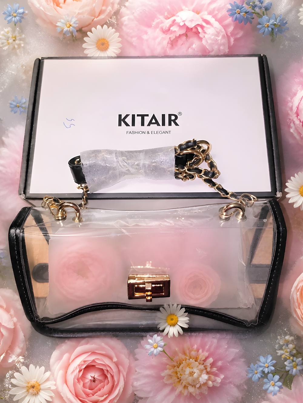 Clear Black Trim Crossbody Bag with Gold Chain